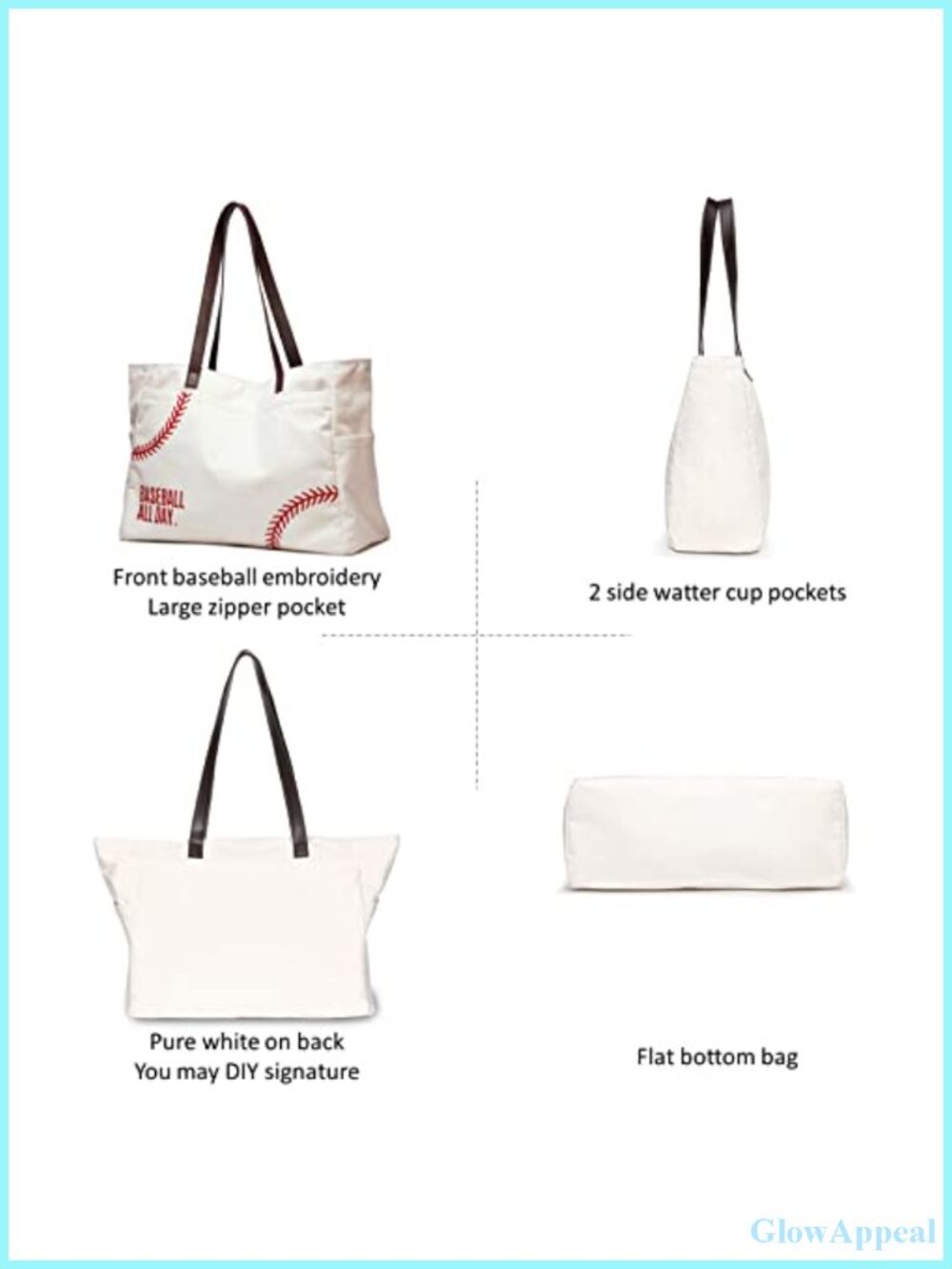 Canvas Baseball Mom Tote Bag with Pockets, Durable Utility Handbag, 17.5in - Picture 3 of 6